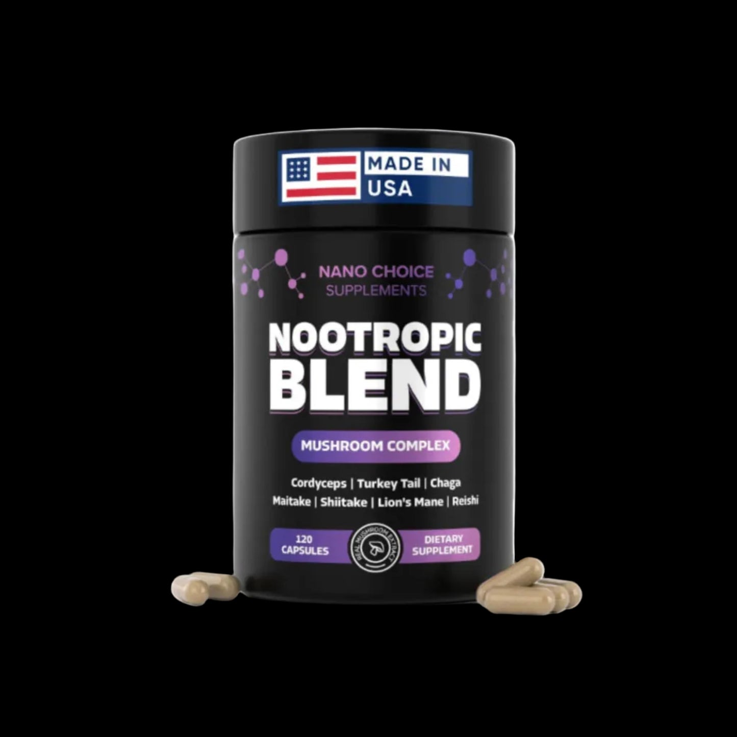 Nano Choice Nootropic Blend - Mushroom Complex Supplement for Brain Focus Productivity & Immune Support | Non-GMO Vegan Made in USA | 120 Capsules